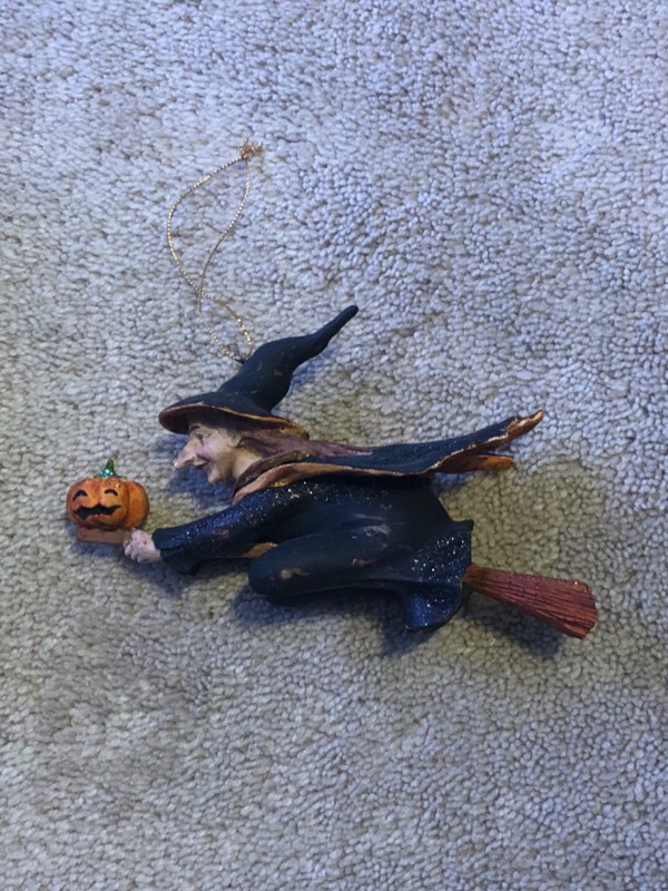 Vintage Flying Witch On a Broom with Pumpkin Sparkly Ornament Pre Owned