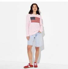 Women Crewneck American Flag Pullover Sweater - Wild Fable Light Pink Flags