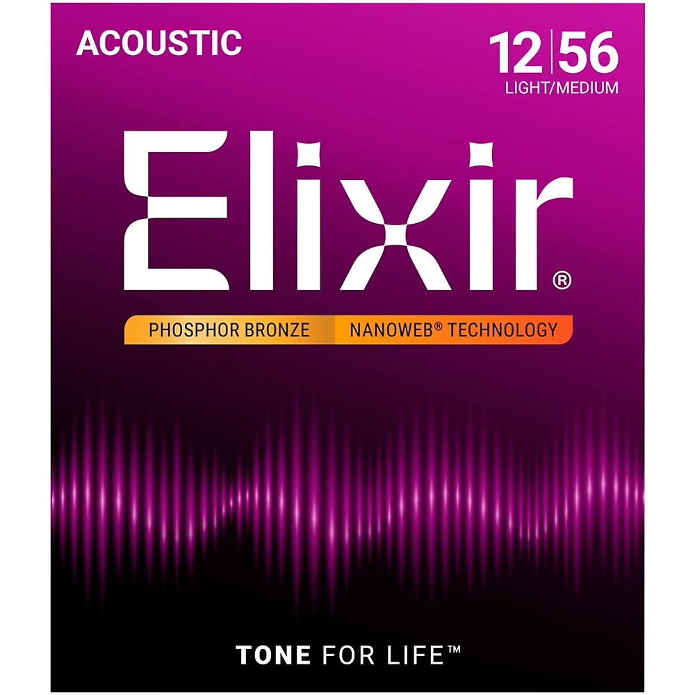 Струны для акустической гитары Elixir из люминофорной бронзы NANOWEB Light/Medium (.012-.056)
