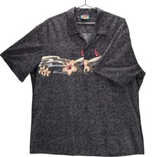 Vtg HAWAII BLUES Mens XL Gray Floral Sailboat Print Camp Shirt 80s Aloha Style