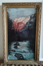 19th C Hudson River School Oil On Academy Board, Manner Of Thomas Moran