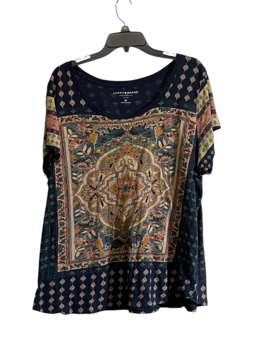 Lucky Brand Top Women 2X Blue Graphic Persian Carpet Short Sleeve Tee Shirt