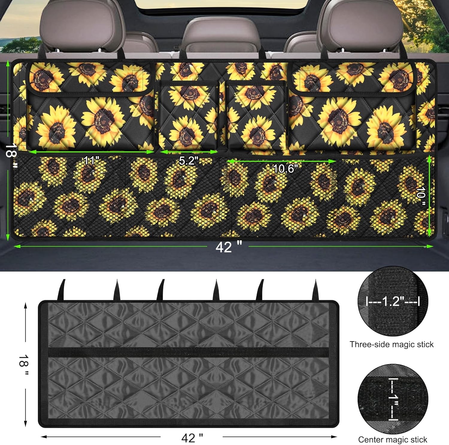 Femuar Car Trunk Organizer,Large Capacity Backseat 42*18 In, Sunflower 