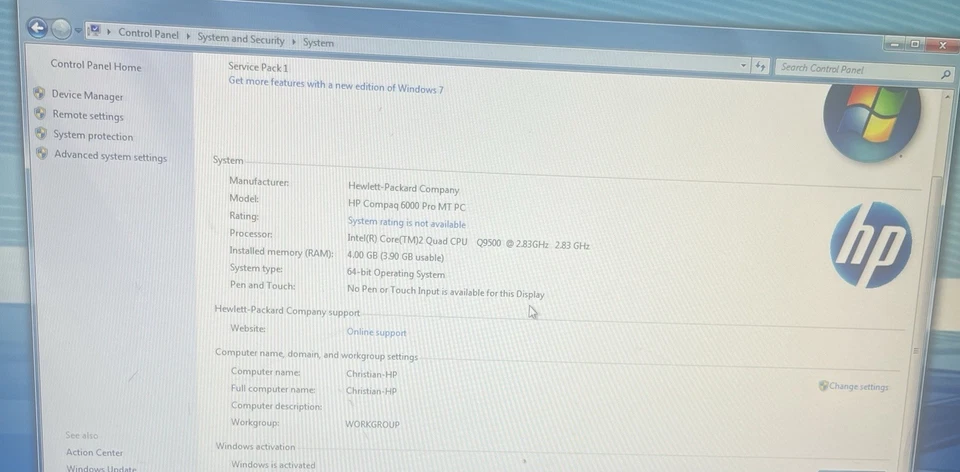 HP Compaq 6000 Pro Intel Core 2 Quad Q9500 4GB RAM 220GB HDD 64 Bt Windows 7 Pro - Image 4 of 4