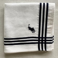 VTG MENS Handkerchief Plain White Cotton Border Navy Striped Pocket Square 19"