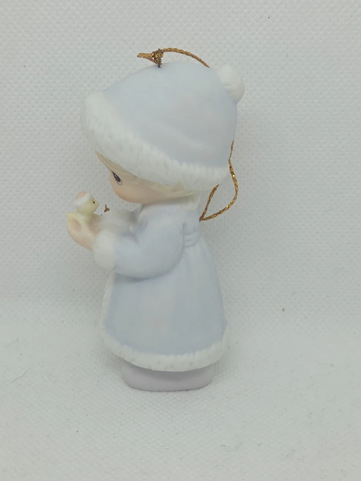 Figura Adorno Niña Precious Moments con Pájaro Que Tu Navidad sea Feliz 1991 Foto 2 de 4
