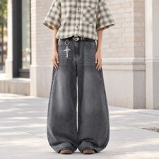 Men's Y2K Baggy Jeans Gray Vintage Wash Wide Balloon Leg Oversized Hip Hop Denim