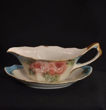 RS Germany Gravy Sauce Boat w/ UnderplateArtist Signed Dec 25 1919 Hand Painted