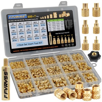 FFVRVSS 600+7Pcs M2 M2.5 M3 M4 M5 M6 Premium Brass Threaded Inserts, Metric B...