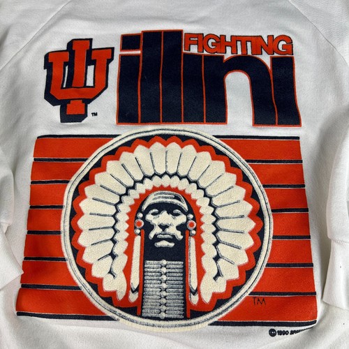 VTG 90s Ilinois Fighting Illini Sweatshirt Fits Small White Logo Crewneck Tag M - Picture 6 of 17