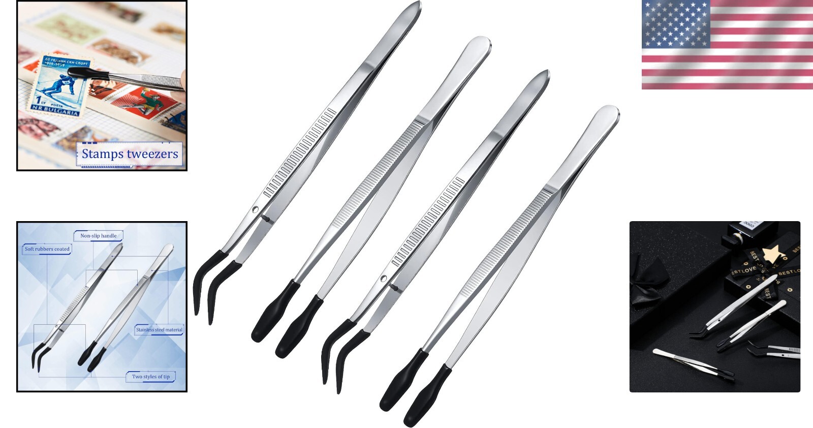 Non-Marring Rubber Tipped Tweezers - Comfort Grip Flat & Bent Styles, 4-Pack