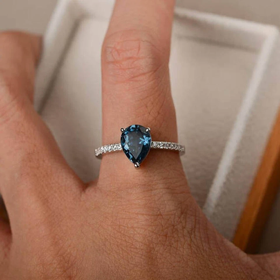 1.70 Ct Pear Cut Natural Topaz & Diamond Wedding Ring 14K White Gold Size 7 - Image 4 of 4