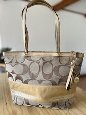 coach patent leather canvas signature brown tote bag See Pics