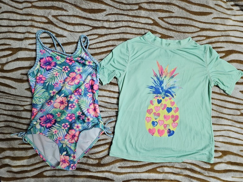 LOT Girls One Piece Flower Bathing Suit Size 6X And Pineapple Swimshirt Size 4-5