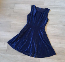 Dark Blue Patterned Mesh Flared Dress Occasion Wedding Party Vintage 90's UK12