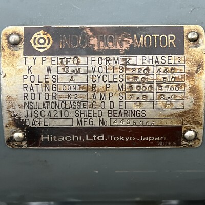 Hitachi TFO Induction Motor MFG No. 4405066 3 pase 4 Pole 220/440V