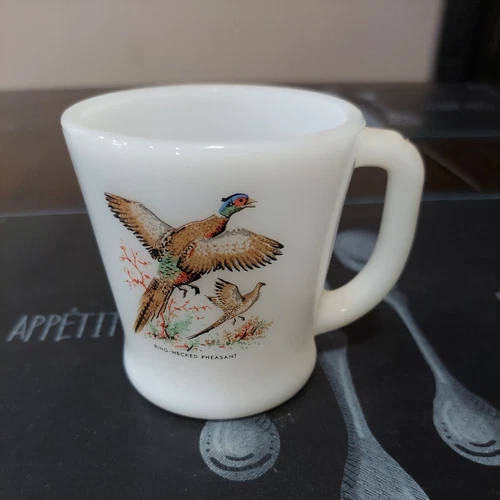 VTG Fire King Oven Ware Ring-Necked Pheasant Game Bird Coffee Mug Cup Milk Glass
