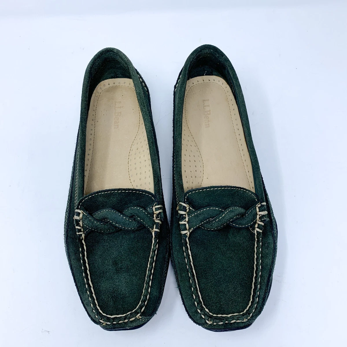 LL Bean Driving Shoes Leather Suede Moccasin Loafers Vibram Green