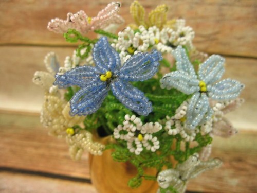 Vintage French Seed Bead Daisy Flower Arrangement Pastels Cottage Grandma Core