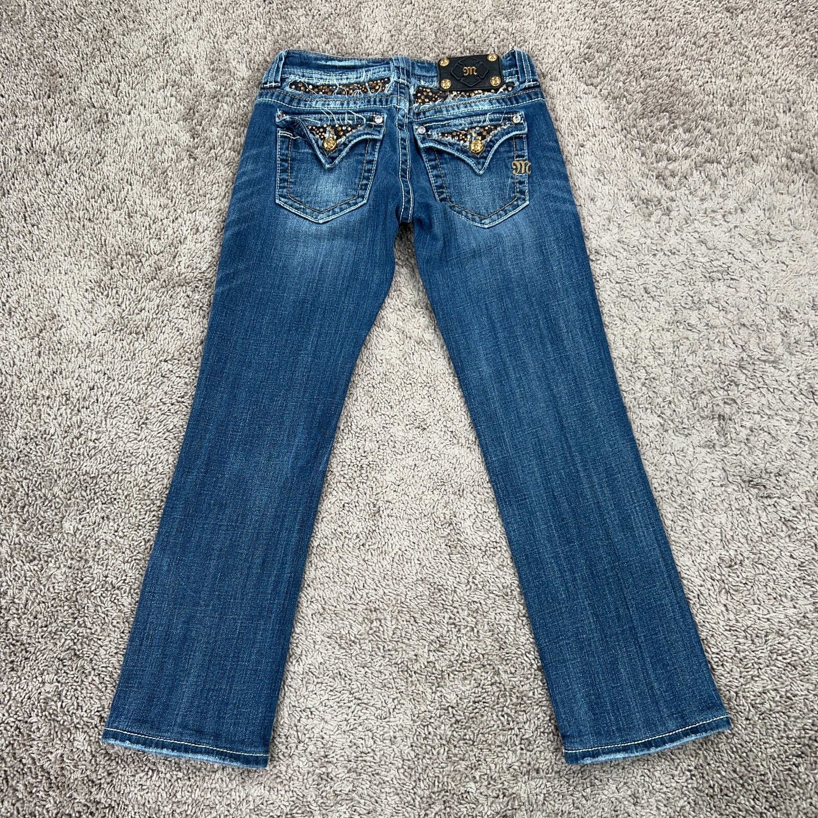 Miss Me Womens Size 27 Blue Denim Straight Cropped Jeans with Gold Bling Cowgirl Style