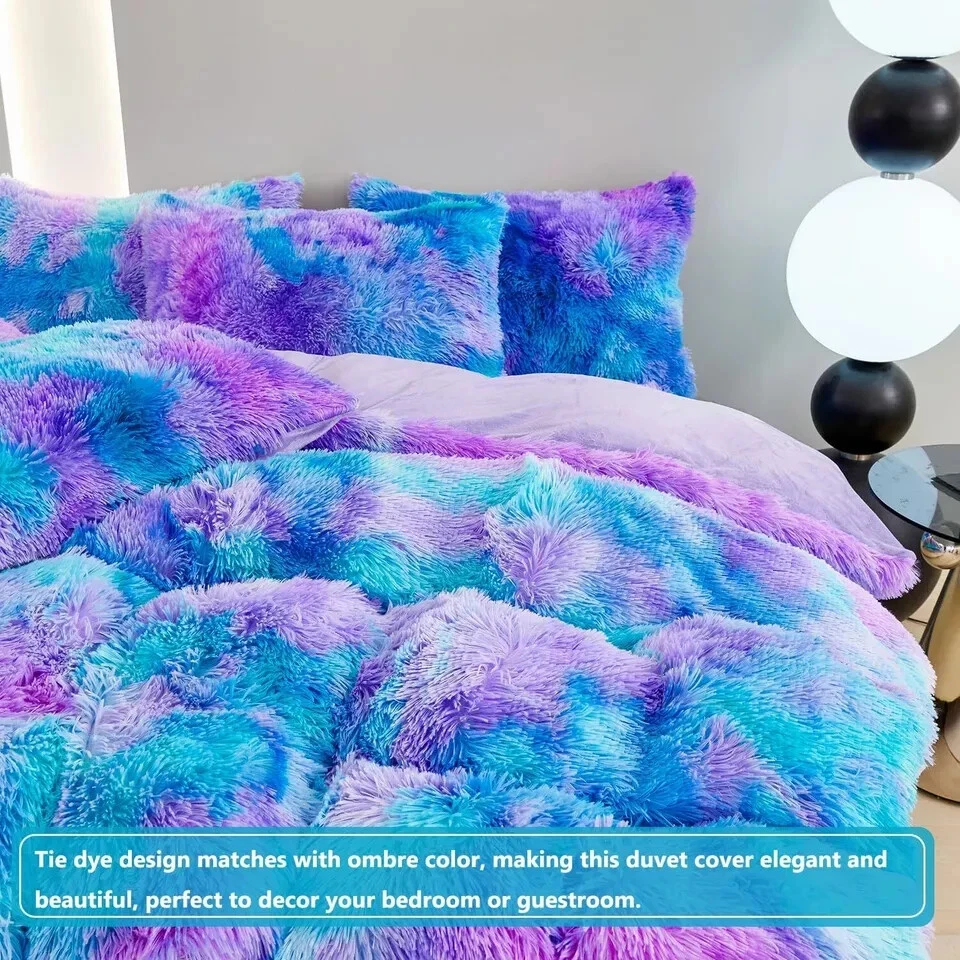 SUCSES Blue Purple Fluffy Twin Bedding Sets for Girls 3Pcs Faux Fur Plush Shaggy - Image 4 of 4