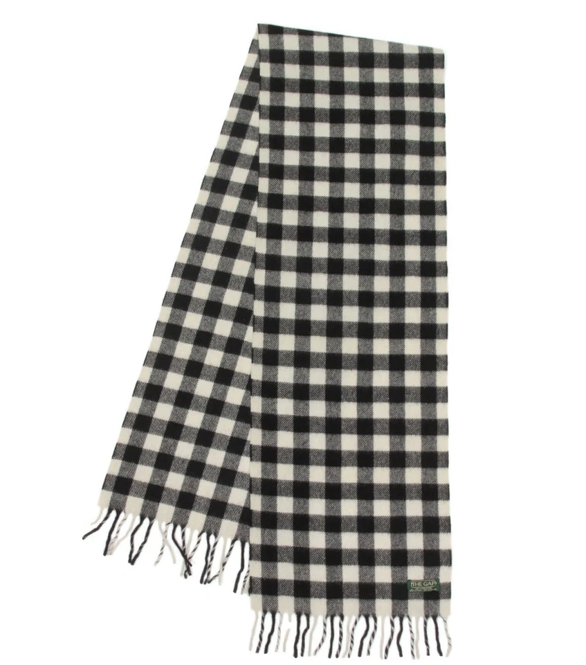 Bufanda de lana de cordero vintage años 90 THE GAP Buffalo a cuadros negro marfil flecos/709 Foto 2 de 3