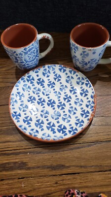 NWOT 2 Mud Pie Mugs Different Pattern And 1 Bread Plate  (Made In Portugal)