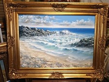 OLIO SU TELA"MARE IN TEMPESTA",CORNICE IN LEGNO FOGLIA ORO H CM 91x71