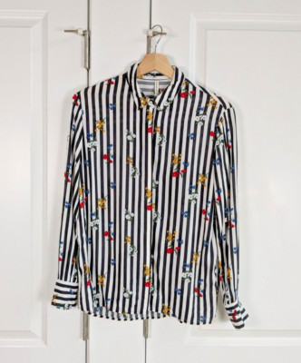 Stradivarius Top Women M Black White Stripe Floral Button Up Shirt Goth Romantic