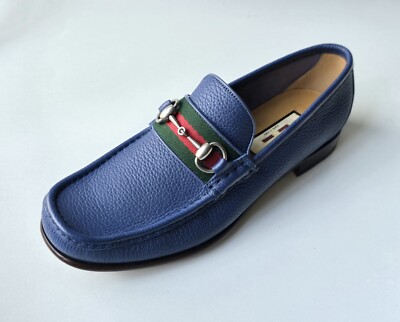 Gucci Men's 8.5 Loafers Blue Leather Horsebit Web Strap UK 7.5