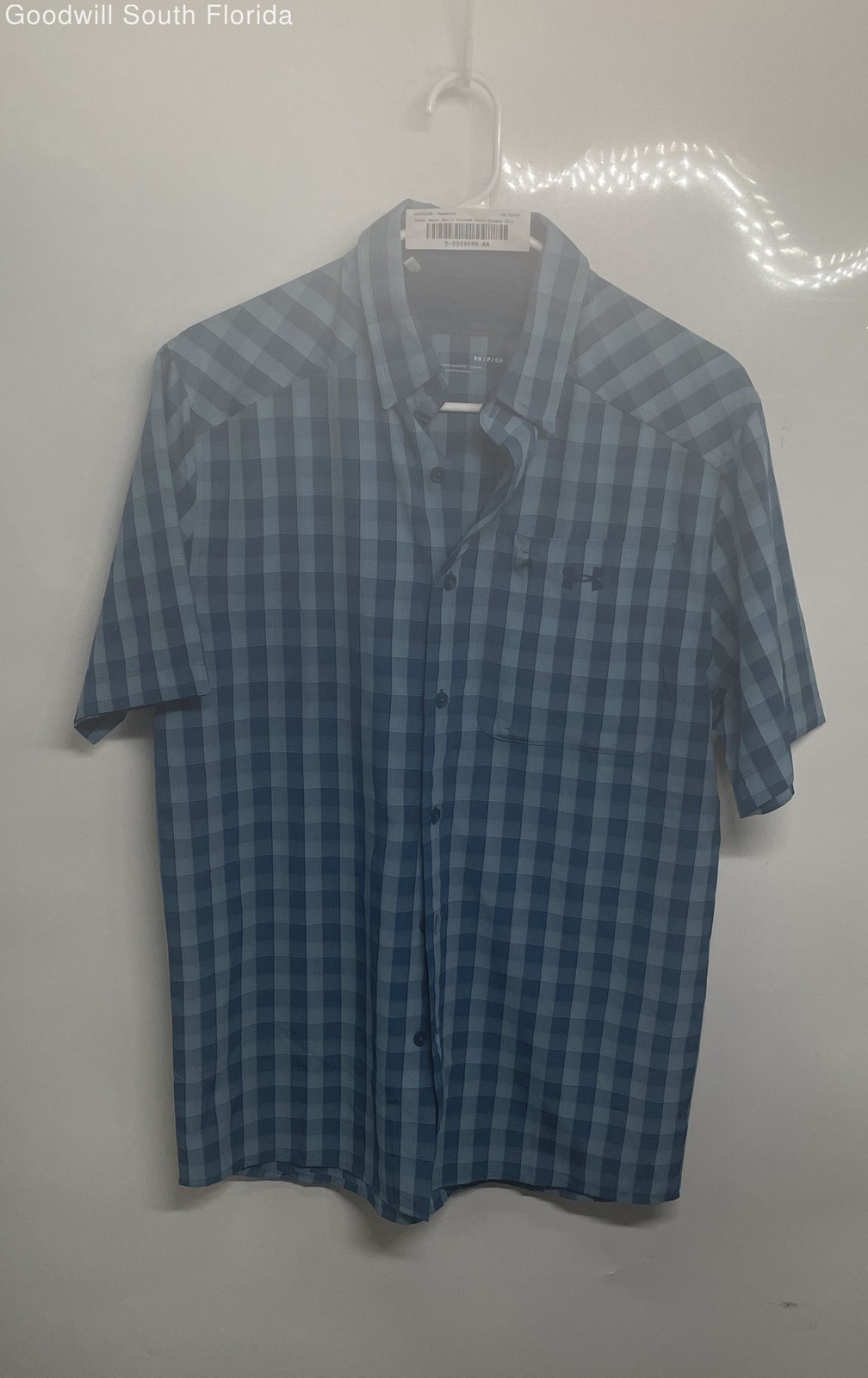Under Armour Mens Blue Plaid Short Sleeve Button-Up Shirt Size Small