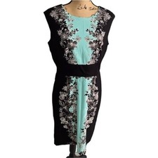 London Times Black and Aqua Color Block Floral Sheath Career Dress Size 10