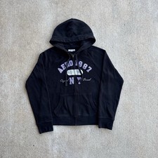 Aeropostale Women's NY 1987 Embroidered Spellout Zip Up Hoodie Black L Cotton