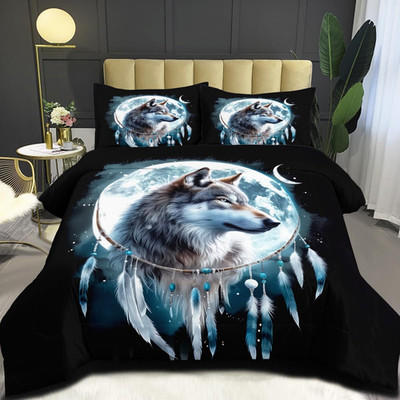 Wolf Comforter Set King Size, Wolves Moon Bedding Set, Dream Catcher & Animal Pa