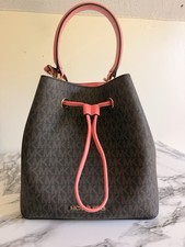 Michael Kors MK Logo Drawstring Bucket Bag Brown/Pink Detachable Strap