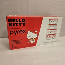 Pyrex Hello Kitty 8 Piece Decorated Glass Food Storage Set Brand New Sealed