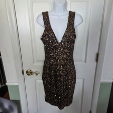 Dress The Population Bronze Sequin V-Neck Bodycon Cocktail Dress Medium USA Sz 8