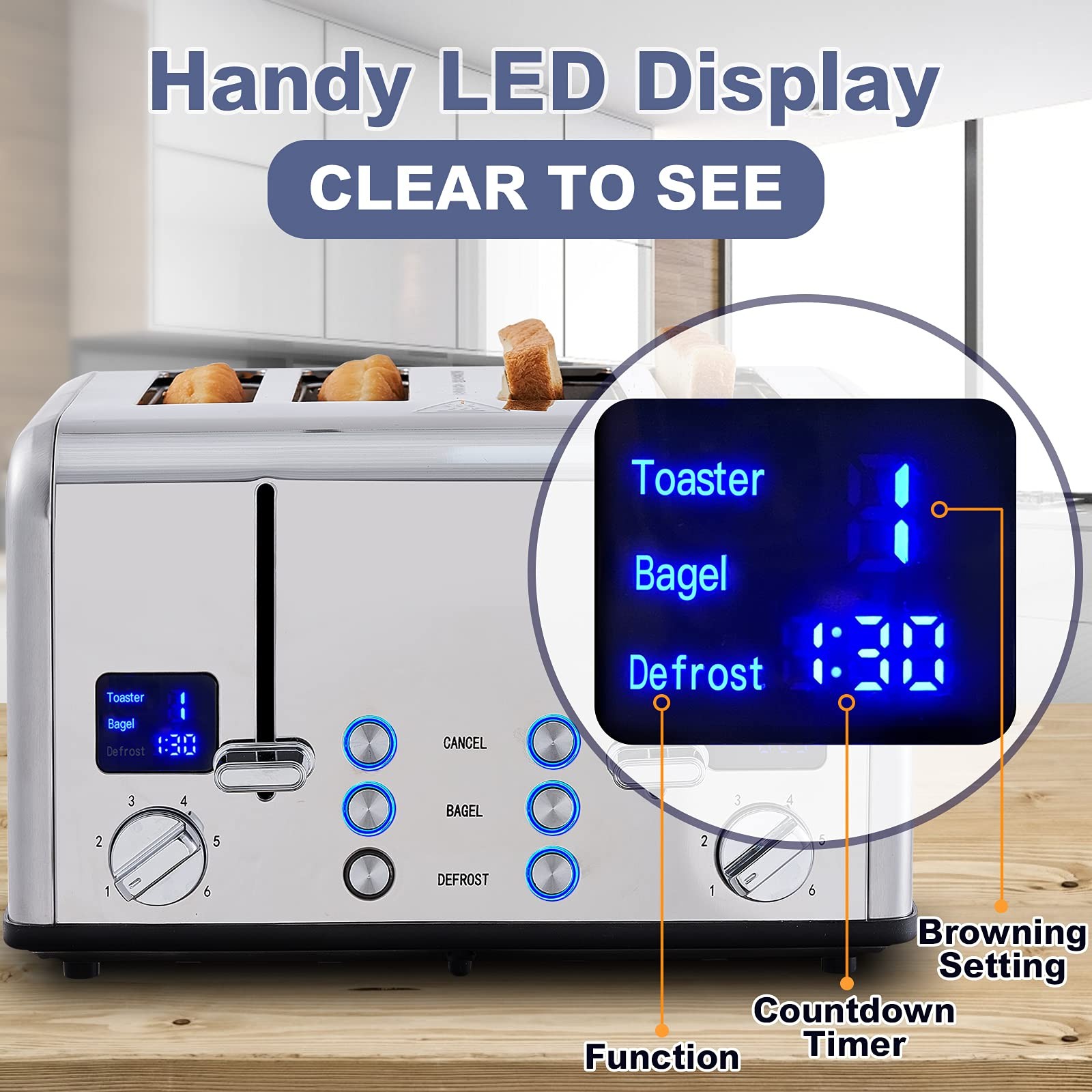 4 Slice Toaster, Ultra-Clear LED Display & Extra Wide Slots, Dual Control Pan...