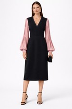 £1200 Auth Roksanda Black & Blush Pink Silk Blend V-Neck Midi Dress, Size 10 UK