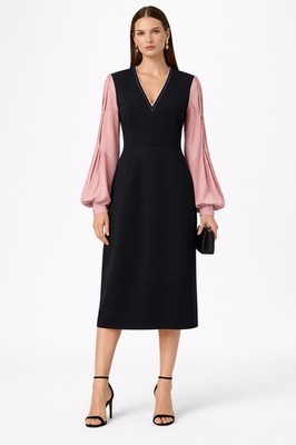 £1200 authentisches Roksanda schwarz & blassrosa Seidenmischung V-Ausschnitt Midikleid, Größe 10 UK