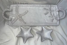 Mud Pie Embossed w/ Seashell Starfish Rectangular Ceramic Platter W/ Handles
