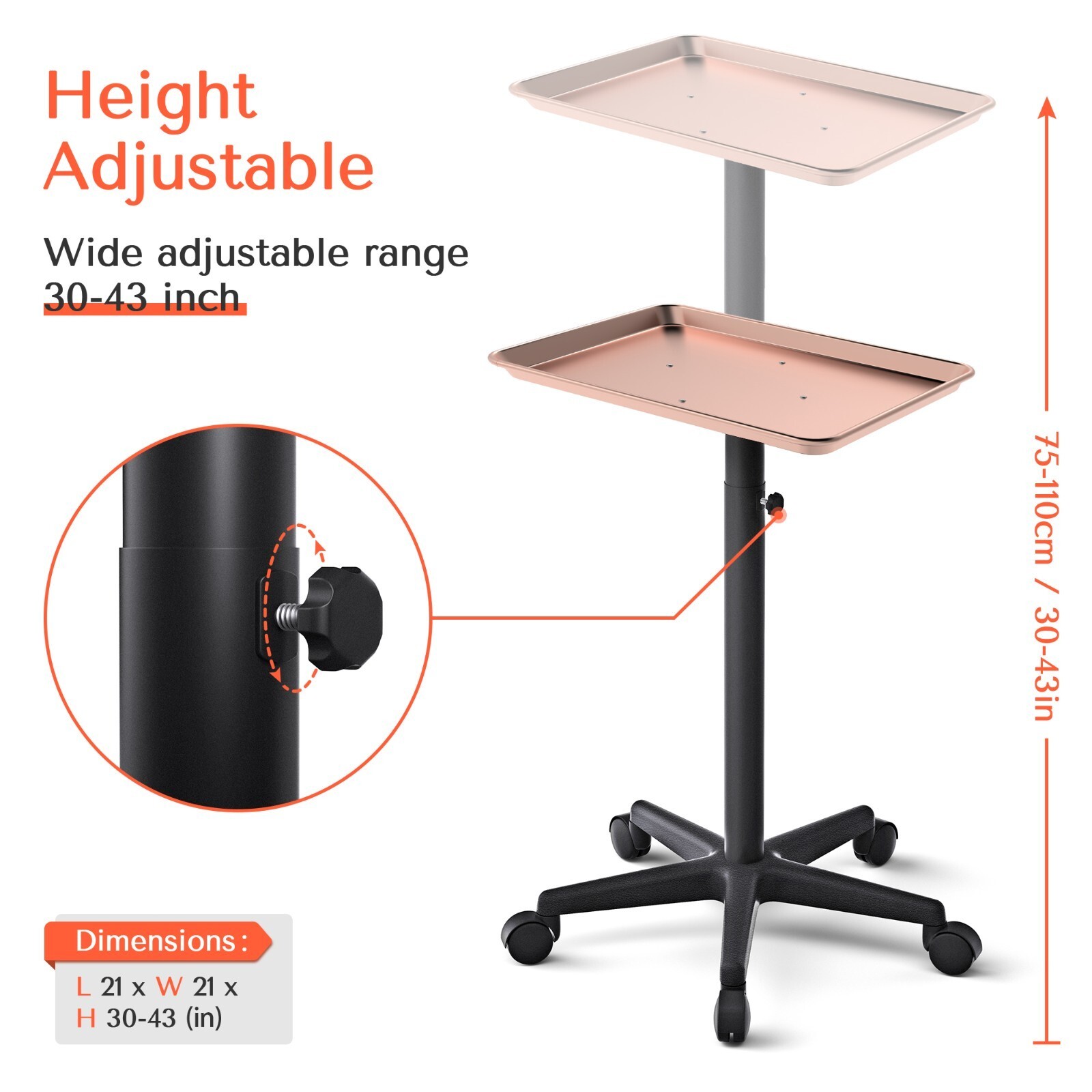 Tasalon Salon Aluminum Trolley Rolling Cart for Salon Tattoo Adjustable Height