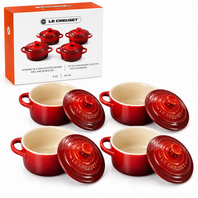 LE CREUSET Set of 4 Mini Round Cocottes with Cookbook   Cerise 8 oz / 250 ml 