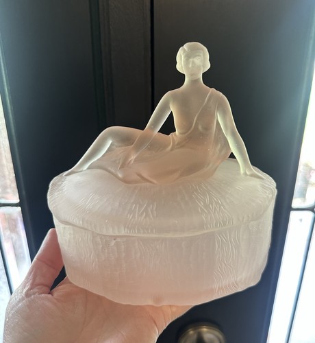 VTG Ramses NY Art Deco Lady Nude Pink Satin Glass Vanity Container RARE HTF SEE