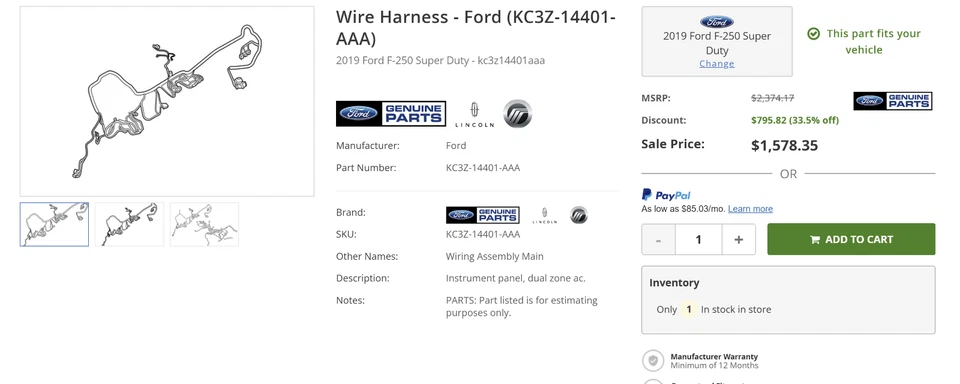 Arnés de cableado del panel de instrumentos principal Ford KC3Z-14401 (2019 F-250, etc.) OEM *NUEVO* Foto 3 de 4