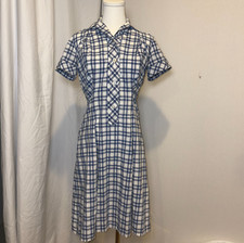 Vintage Blue/White Plaid Fit Flare Knee Length Day Dress Button Front