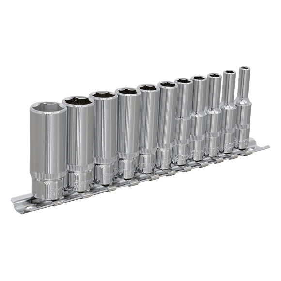Sealey AK2671 Socket Set 11pc 1/4"" Deep WallDrive Imperial 6 Point Long On Rail