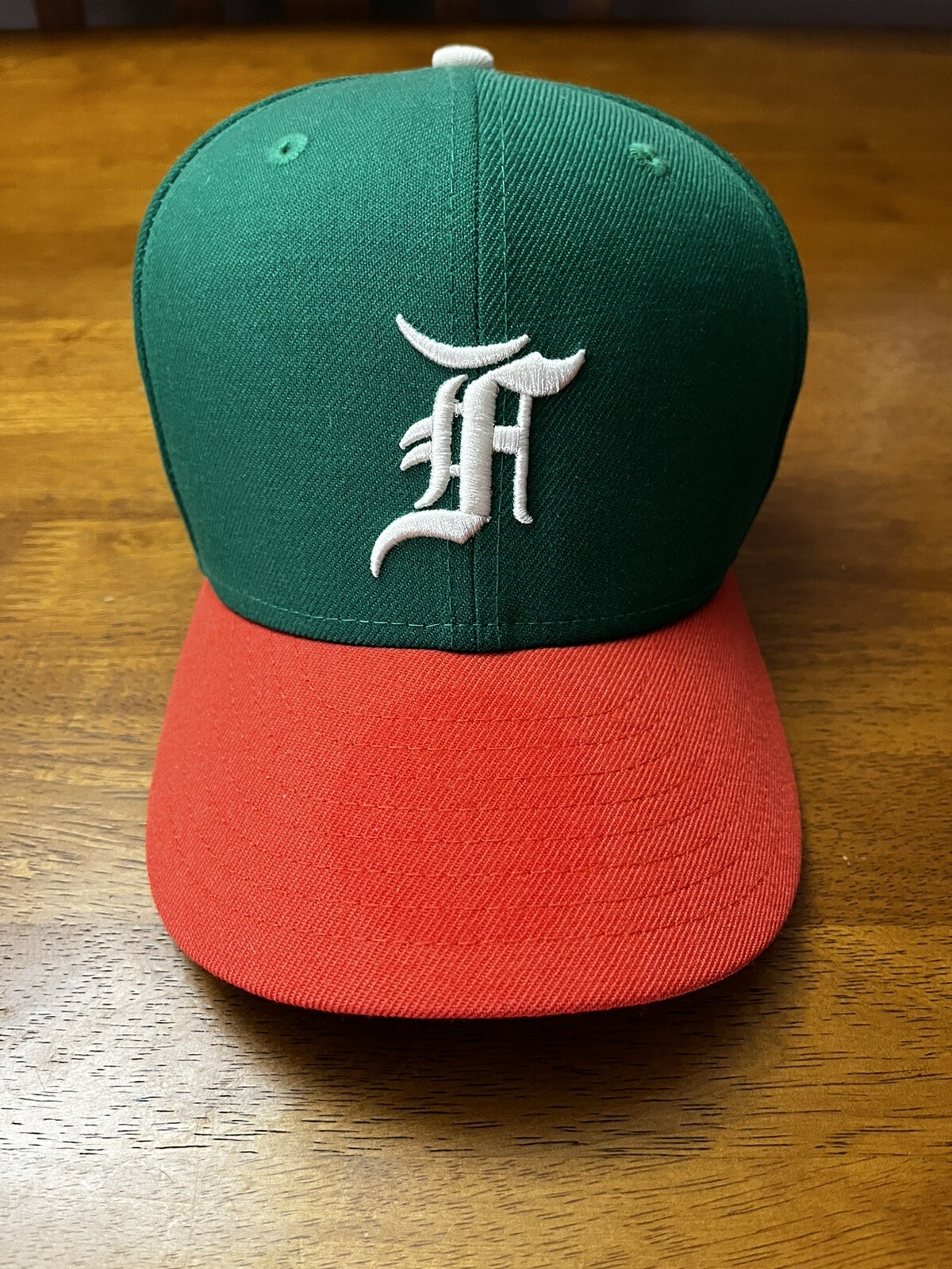 Fear of God Essentials Wool New Era 5950 Fitted Hat 7 3/8 Green Orange Flaw