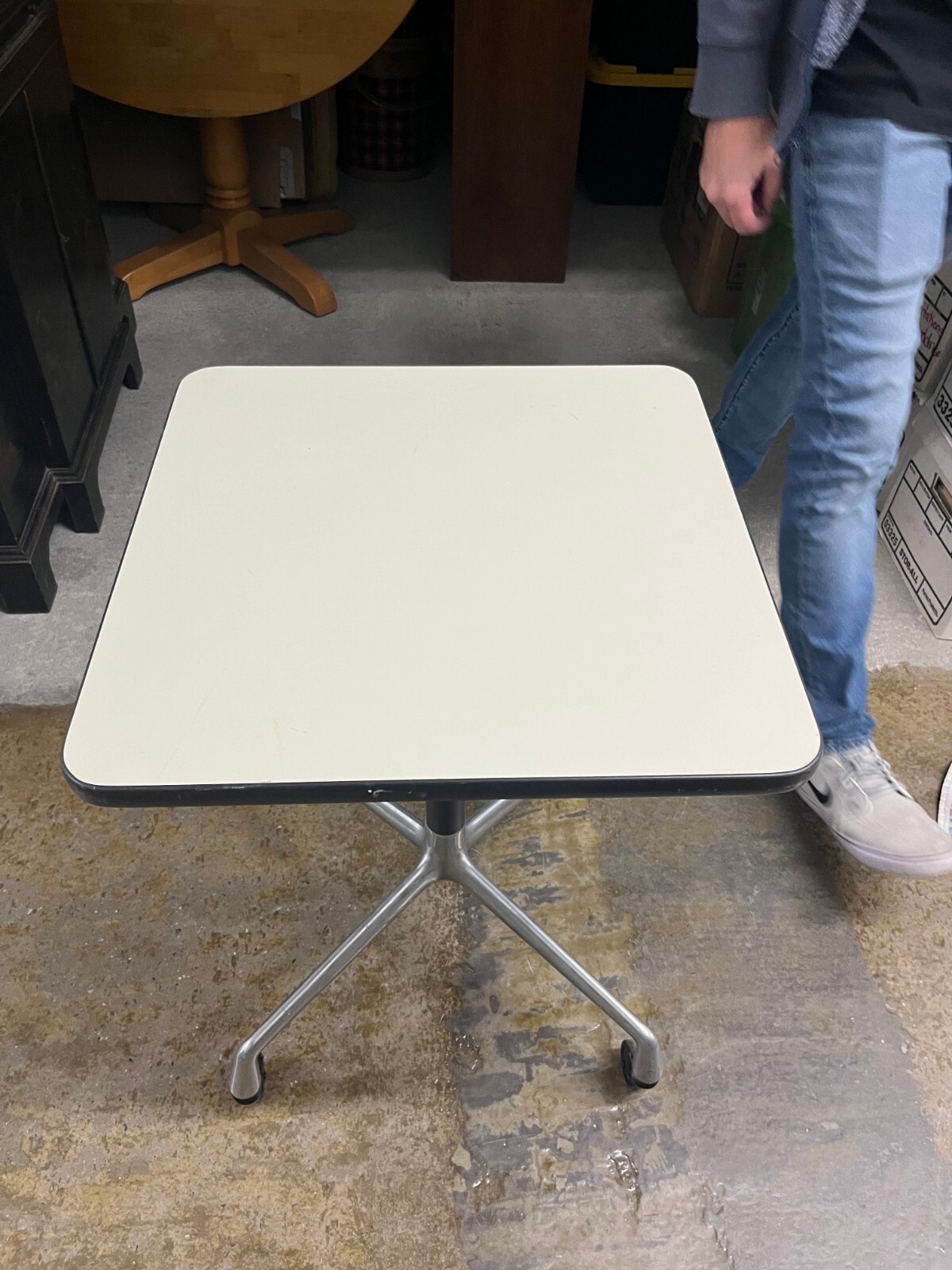 Vintage Eames Herman Miller Square Rolling Side Table Universal Base Faux White