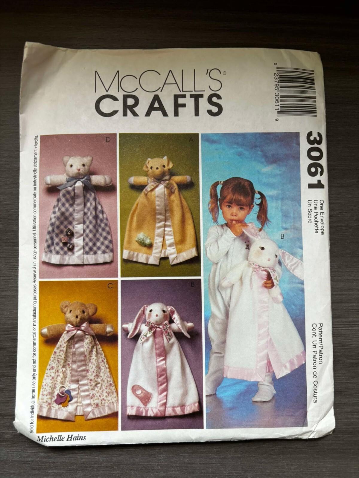 McCall's Sewing Pattern 3061 Baby Toddler BLANKET BUDDIES Cat Dog Bear Rabbit